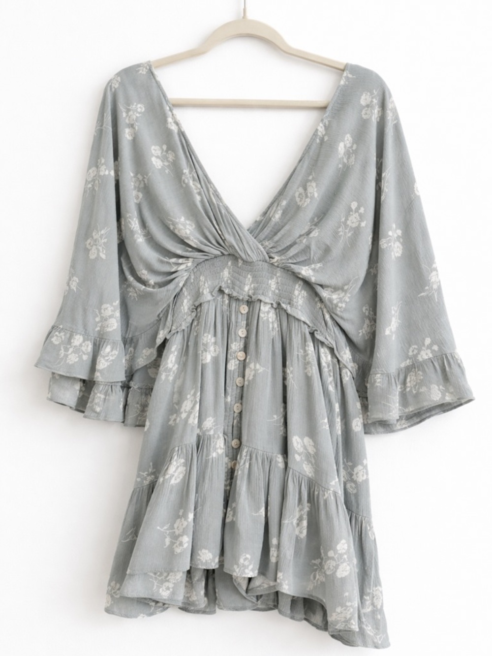 Boho Floral Romper – Sage Green, Flowy Bell Sleeve, Size S